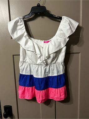 Lilly Pulitzer Emie Ruffle Top featuring a white, blue, and pink tiered 💯 cotton